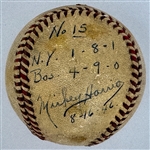 1946 Mickey Harris Win #15 ("8-16-46") Game Used Baseball - From his 17-Win Season -  Signed by Harris (Beckett Authentic)