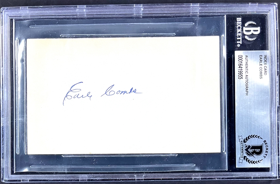 Earle Combs Signed Index Card (Beckett Encapsulated)