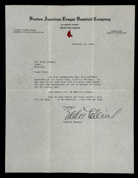 1934 Eddie Collins Signed Letter to Wally Schang on Boston Red Sox Letterhead