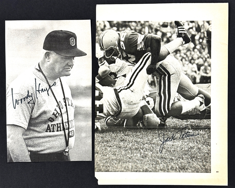 Woody Hayes and Jack Tatum Signed BW Ohio State Newspaper Photos (2) (Beckett Authentic)