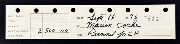 Elvis Presley Handwritten $2,500 Check Stub from September 16, 1975, to Graceland Nurse Marion Cocke - with LOA from Graceland Authenticated