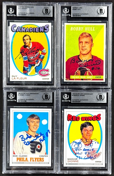 Hockey Hall of Famers Signed Beckett Encapsulated Cards (4) Incl. La Fleur, Hull, Clarke and Dionne