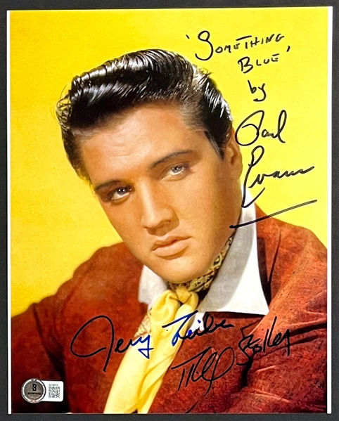 Elvis Presley Photo Signed by Songwriters Jerry Leiber and Mike Stoller ("Jailhouse Rock") and Paul Evans ("Something Blue")  (Beckett Authentic)