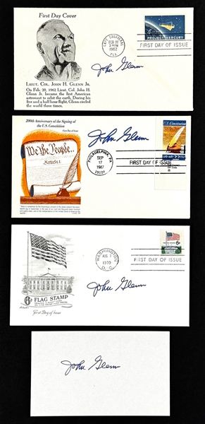 John Glenn Signed FDCs (3) and Index Card (1) (Beckett Authentic)