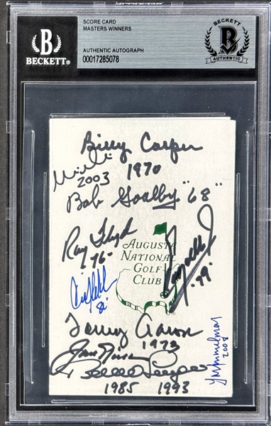 Ten Masters Winners Signed Augusta National Golf Club Scorecard Incl. Jack Nichlaus (10 Sigs.) ( Encapsulated Beckett Authentic.)