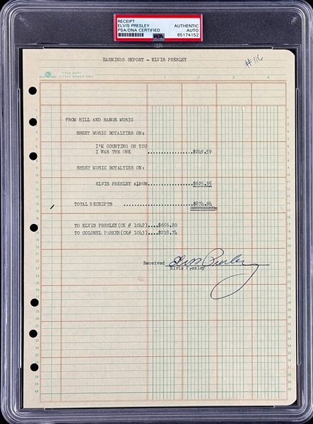 EARLY 1956 Elvis Presley Signed Royalty Statement - One of the Earliest with RCA Earnings (PSA/DNA Encapsulated)