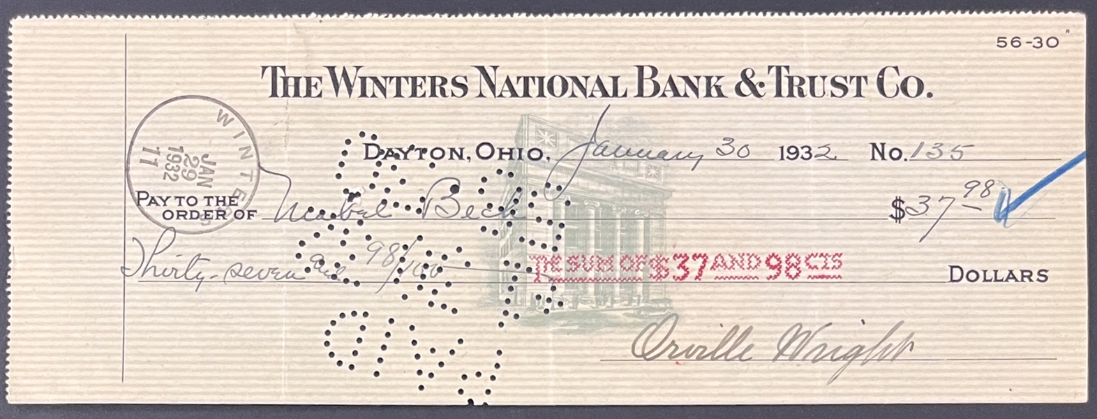 Orville Wright Signed Check (Beckett Authentic)