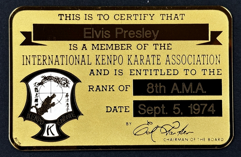 Elvis Presleys Kenpo Karate 8th Degree Black Belt Gold Metal ID Card Awarded September 5, 1974