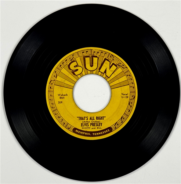 1954 Sun Records UPSIDE DOWN "209" Variation - 45 RPM 7-Inch Single of Elvis Presleys “Thats All Right” and “Blue Moon of Kentucky” - Memphis Pressing