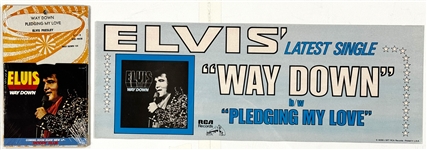 1977 Elvis Presley RCA Record Store Poster for "Way Down" / "Pledging My Love" (PB-10998) and SEALED 45 Single with Retail Rack Backer