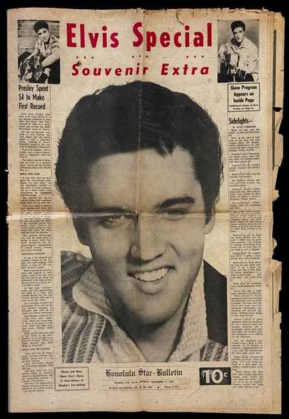 1957 "Elvis Special Souvenir Extra" <em>Honolulu Star-Bulletin</em> Newspaper Plus Other Pieces from his 1957 Hawaiian Concert (15 Pieces)