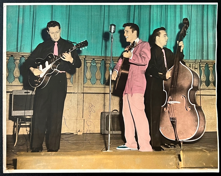 1955 Elvis Presley Signed 11x14 Colorized Photo On Stage with Scotty and Bill - Possibly Only Example Known (Beckett Authentic)