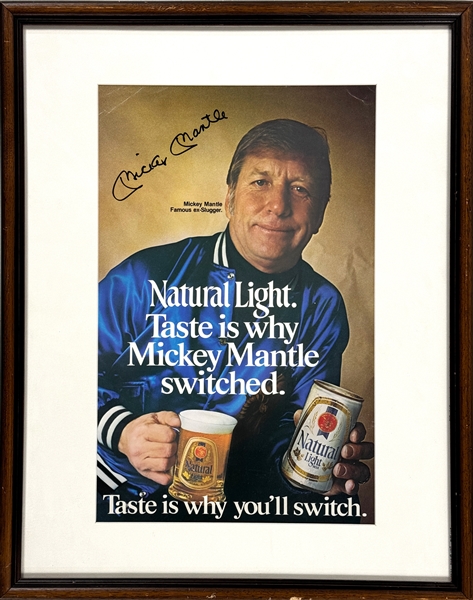 Mickey Mantle Signed "Natural Light" Beer Poster in Framed Display (Beckett Authentic)