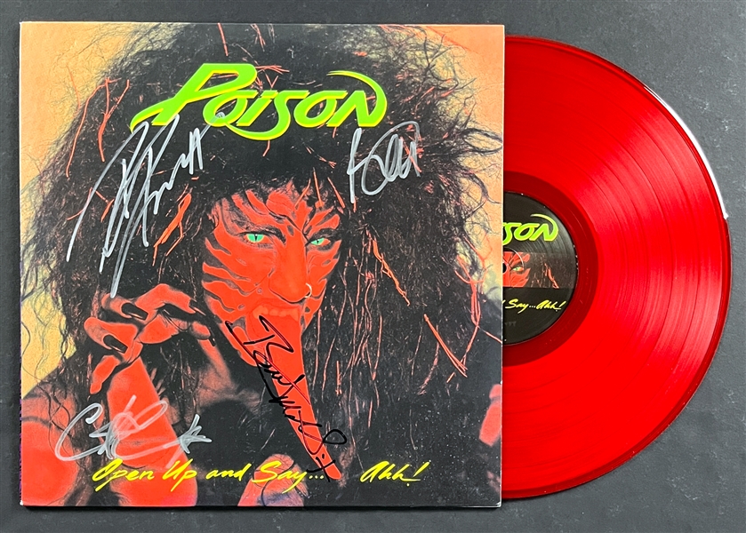 Poison Band-Signed LP <em>Open Up and Say...Ahh!</em> Brett, Bobby, Rikki and CC (Beckett Authentic)