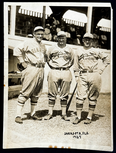 1927 Rogers Hornsby, Bob OFarrell and Frankie Frisch Original News Service Photo (PSA/DNA TYPE I)