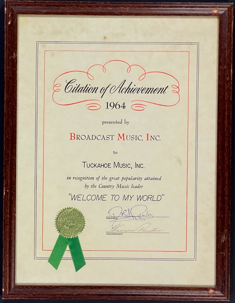 1964 BMI Award for "Welcoime to My World" to "Tuckahoe Music, Inc." (Jim Reeves Publishing Company)