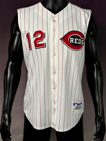 2001 Juan Castro Signed Cincinnati Reds Game Used Home Pinstripe Vest - with "9-11" American Flag Patch on Back