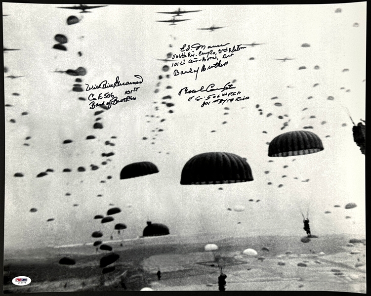 "Band of Brothers" Signed 16x20 Inch Photo of "Operation Market Garden" Paratrooper Drop - Bill Guarnere, Buck Compton and Ed Mauser (PSA/DNA)