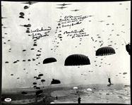 Band of Brothers Signed 16x20 Inch Photo of Operation Market Garden Paratrooper Drop - Bill Guarnere, Buck Compton and Ed Mauser (PSA/DNA)