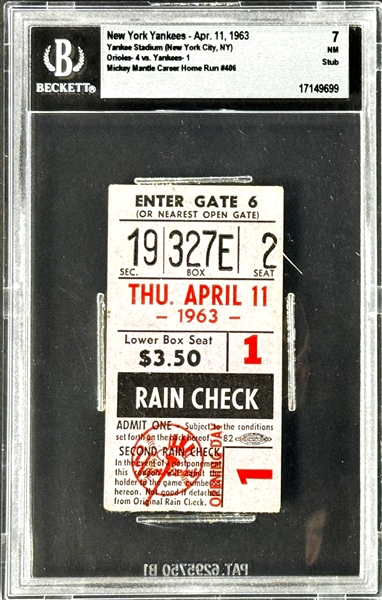 Mickey Mantle Career Home Run #406 Ticket Stub - April 11, 1963, Yankee Stadium (Encapsulated Beckett Authentic)