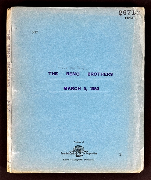 1952 <em>The Reno Brothers</em> Original “FINAL” Script for Elvis Presley’s First Film, <em>Love Me Tender</em>