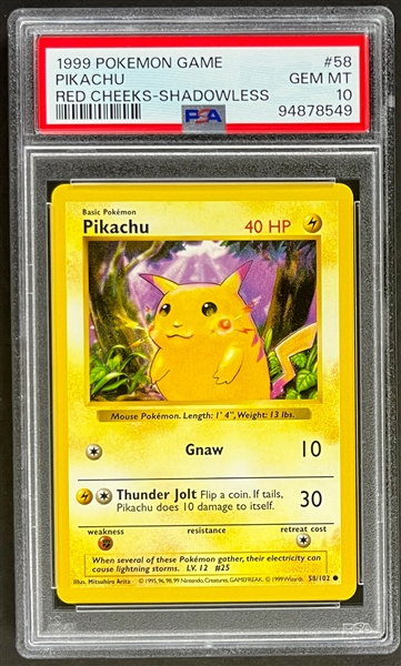 1999 Pokemon Game #58 Pikachu - Red Cheeks - Shadowless - PSA GEM MINT 10