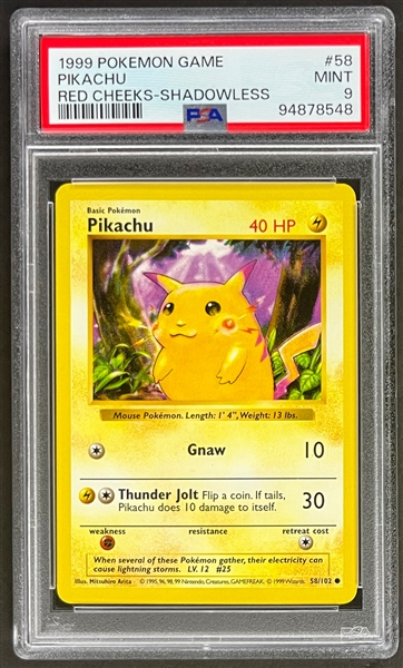 1999 Pokemon Game #58 Pikachu - Red Cheeks - Shadowless - PSA MINT 9