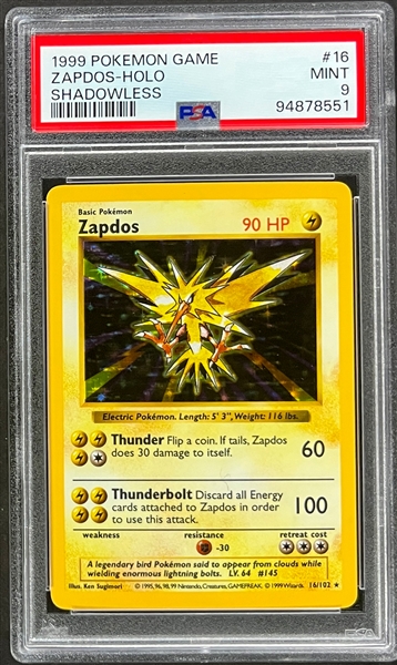 1999 Pokemon Game #16 Zapdos - Holo - Shadowless - PSA MINT 9