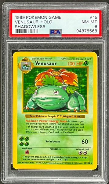 1999 Pokemon Game #15 Venusaur - Holo - Shadowless - PSA NM-MT 8