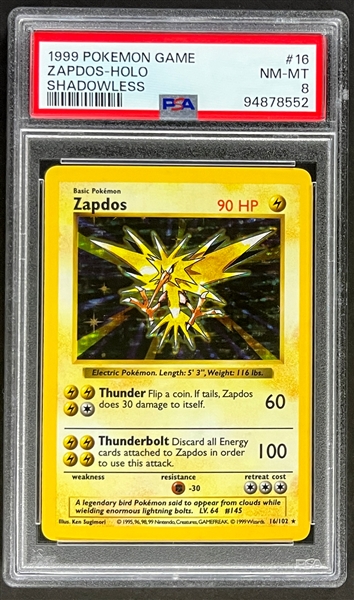 1999 Pokemon Game #16 Zapdos - Holo - Shadowless - PSA NM-MT 8