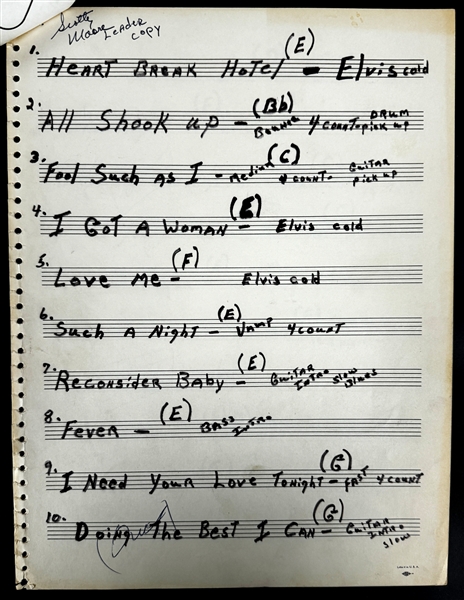 Scotty Moores Signed Set List from Elvis Presleys 1961 Ellis Auditorium Memphis Charity Concert