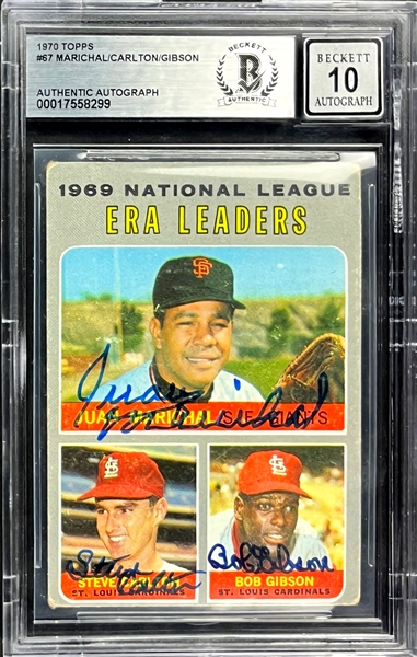 1970 Topps #67 Juan Marichal, Bob Gibson and Steve Carlton Signed Card  - <strong>Auto Grade 10!</strong> (Encapsulated Beckett Authentic)