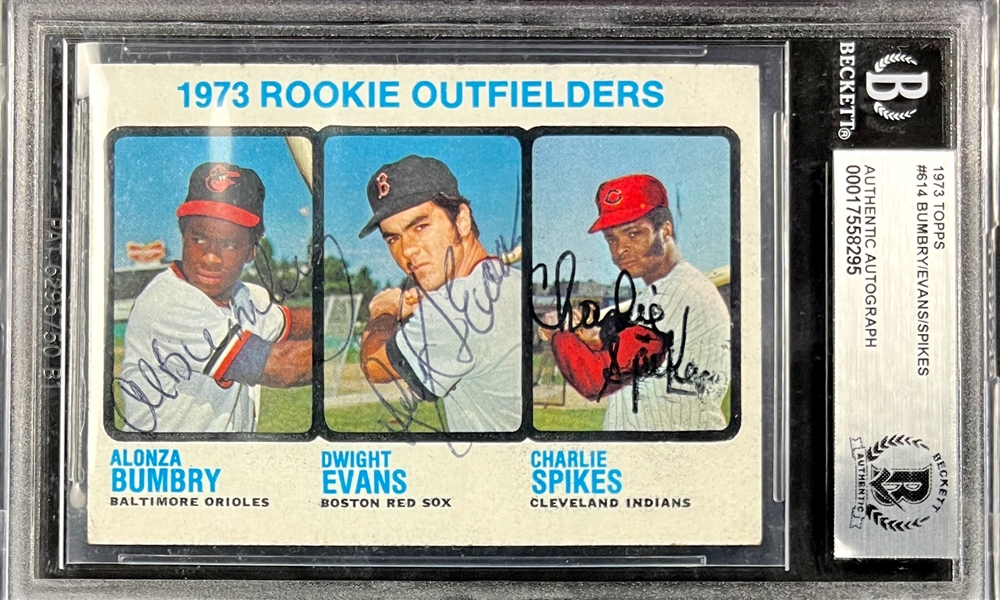 1973 Topps #614 Dwight Evans, Al Bumbry and Charlie Spikes Signed Card (Encapsulated Beckett Authentic)