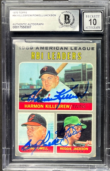 1970 Topps #64 Reggie Jackson, Harmon Killebrew and Boog Powell Signed Card - <strong>Auto Grade 10!</strong> (Encapsulated Beckett Authentic)