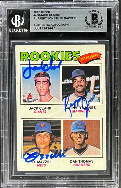 Jack Clark, Lee Mazzilli and Ruppert Jones Signed 1977 Topps #488 (Beckett Encapsulated)