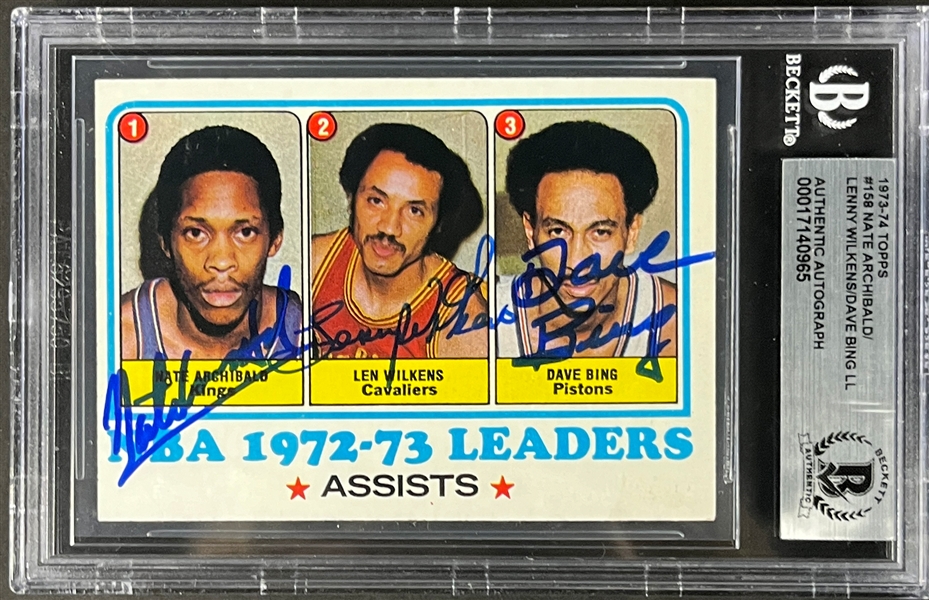 Nate Archibald, Lenny Wilkens and Dave Bing Signed 1973 Topps #158 Card (Beckett Encapsulated)