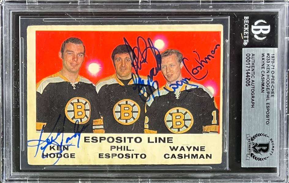 Phil Esposito, Wayne Cashman and Ken Hodge Signed 1970 O-Pee-Chee #233 Card (Beckett Encapsulated)