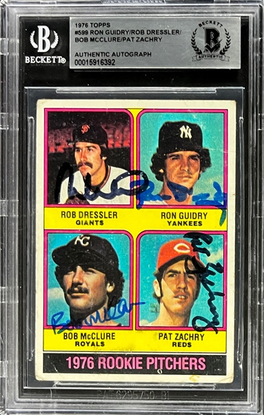 Ron Guidry, Bob McClure, Pat Zachry and Rob Dressler Signed 1976 Topps #599 Card (Beckett Encapsulated)