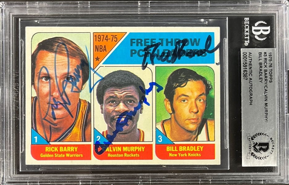 Bill Bradley, Calvin Murphy and Rick Barry Signed 1975 Topps #3 Card (Beckett Encapsulated)