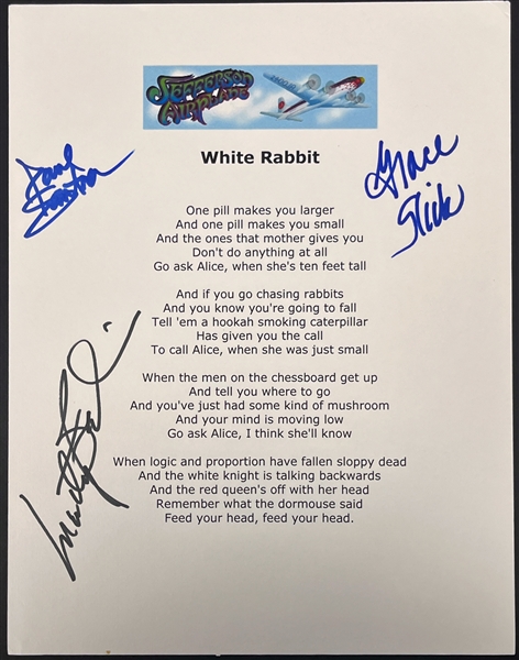 Paul Kantner, Grace Slick, and Marty Balin Signed Jefferson Airplane "White Rabbit" Lyric Sheet (Beckett Authentic)