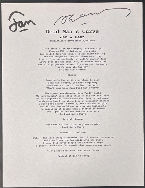 Jan and Dean Signed "Dead Mans Curve" Lyric Sheet (Beckett Authentic)