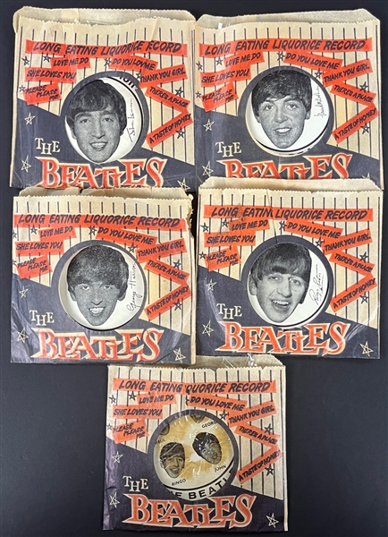 1964 Beatles "Long Eating Licorice Records" Complete Set (5) - High Grade Set with Licorice Intact