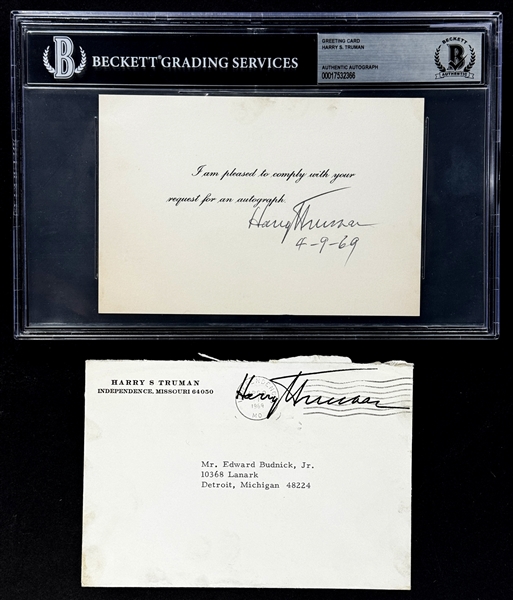 Harry S. Truman (President 1945-1953) Signed Autograph Card and Free Franked Envelope (Beckett Encapsulated)