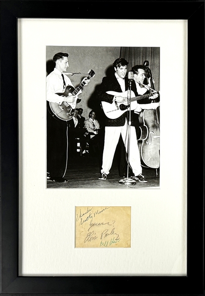 1955 Elvis Presley, Scotty Moore and Bill Black Signed Sheet in Framed Display (Beckett Authentic)