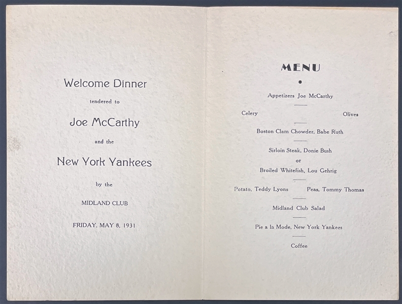 1931 New York Yankees "Midland Club Welcome Dinner" Menu Program