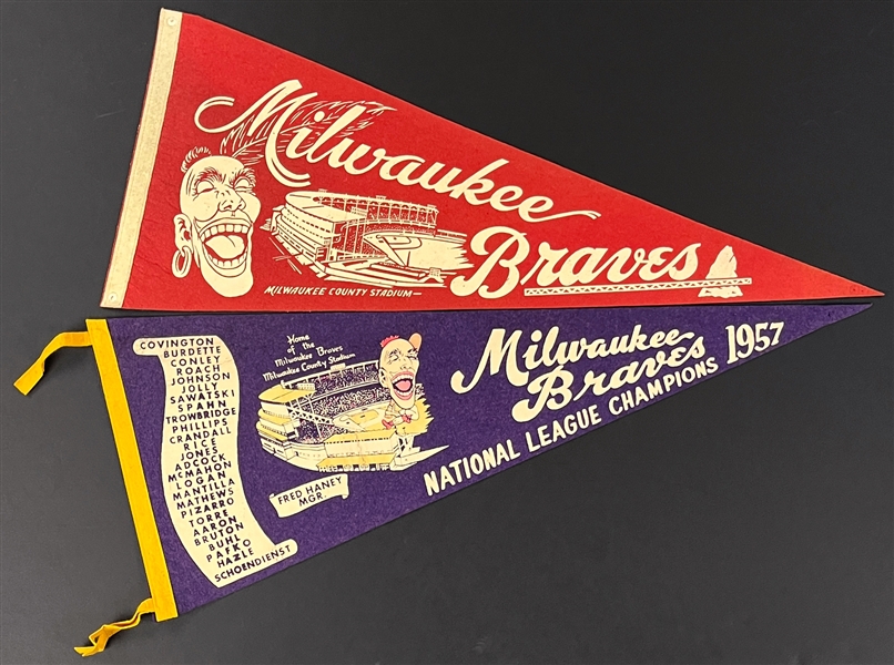 1957 Milwaukee Braves "National League Champions" and "World Champions" Pennants (7) Six Diff. Styles!