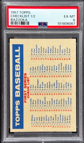 1957 Topps Checklist 1/2 (Bazooka) - PSA EX-MT 6