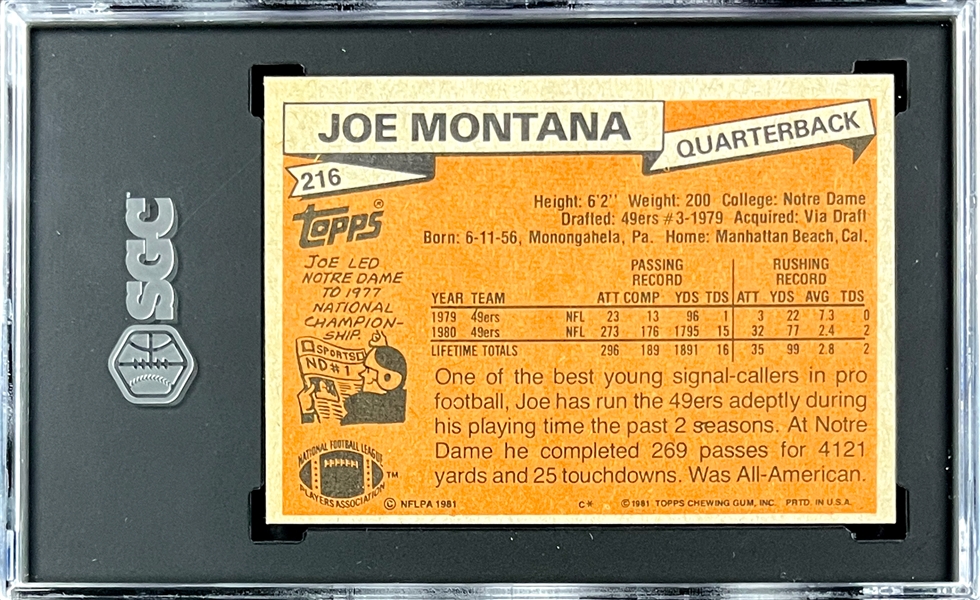 1981 Topps #216 Joe Montana Rookie Card -  SGC NM 7