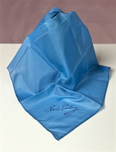 1976  Elvis Presley Stage-Worn Blue Facsimile Signature Scarf Given to a Fan From the Stage in Ft. Worth, Texas