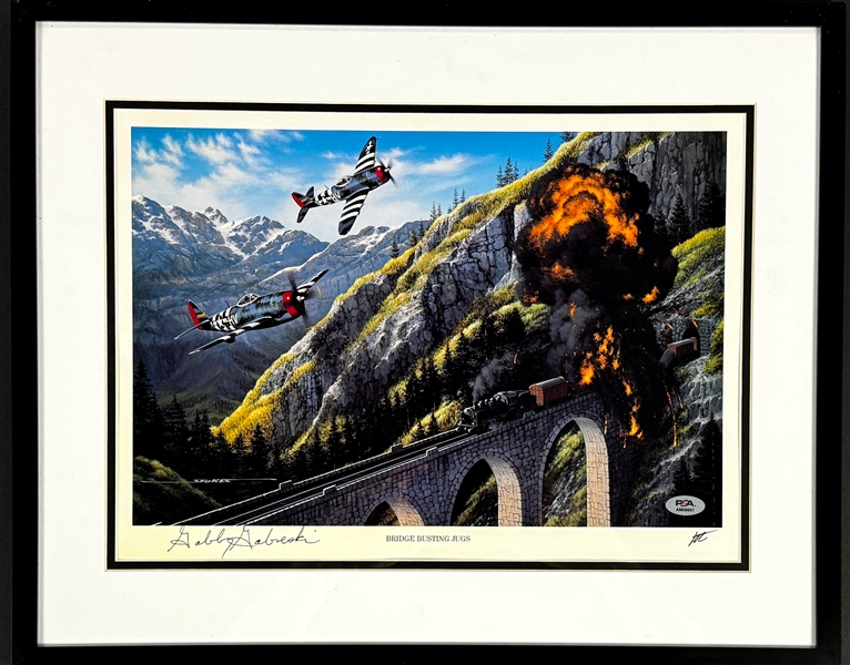 Gabby Gabreski Signed "Bridge Busting Jugs" Stan Stokes Aviation Artwork in Framed Display (PSA/DNA)